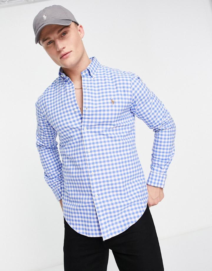 Polo Ralph Lauren Icon Logo Slim Fit Gingham Plaid Oxford Shirt In Blue/white