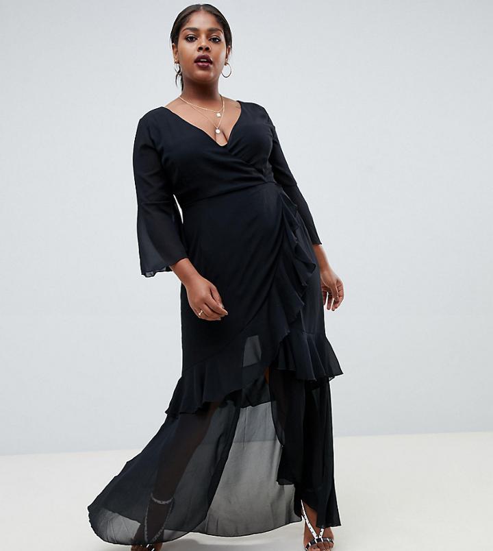 Boohoo Plus Ruffle Detail Maxi Dress In Black - Black