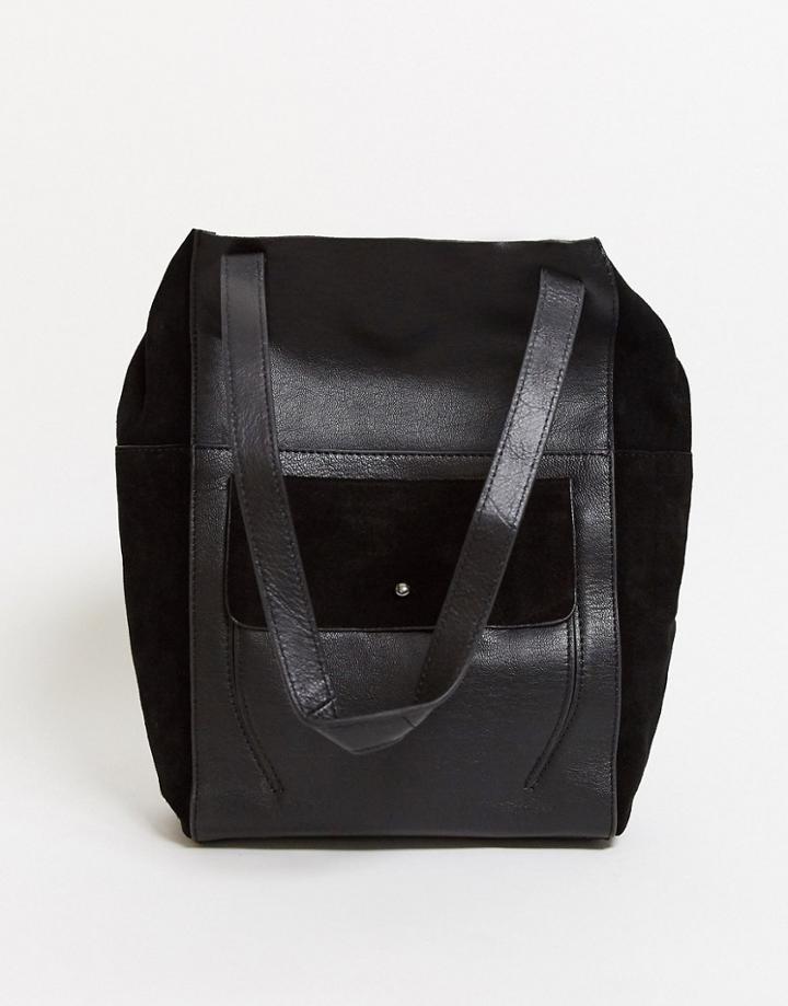 Urbancode Leather Tote Bag With Suede Pocket In Black