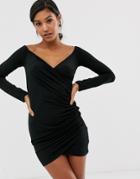 Ax Paris Bardot Ruched Bodycon Mini Dress-black