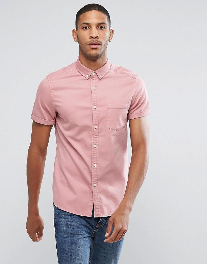 Asos Stretch Slim Denim Shirt In Pink - Pink