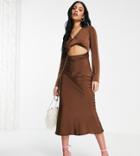 Asos Design Tall Twist Front Bias Midi Dress In Satin In Rust-brown
