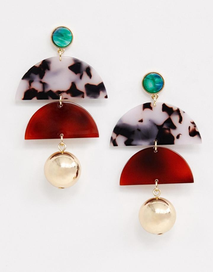 Reclaimed Vintage Inspired Mixed Tort Marble And Gold Hanging Earrings - Brown