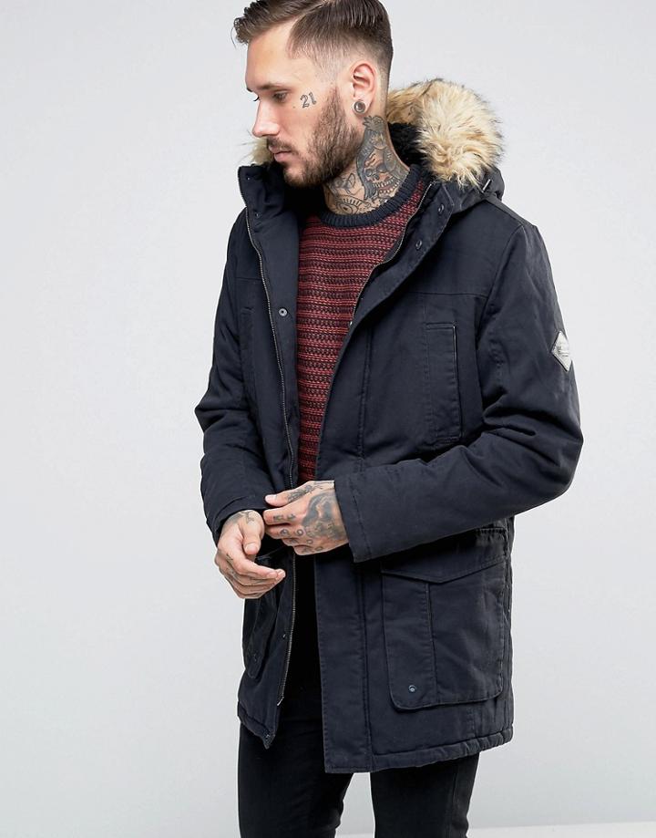 Only & Sons Parka With Faux Fur Hood - Navy