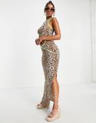 Asyou Cut Out Contrast Midi Beach Dress In Leopard Print-multi