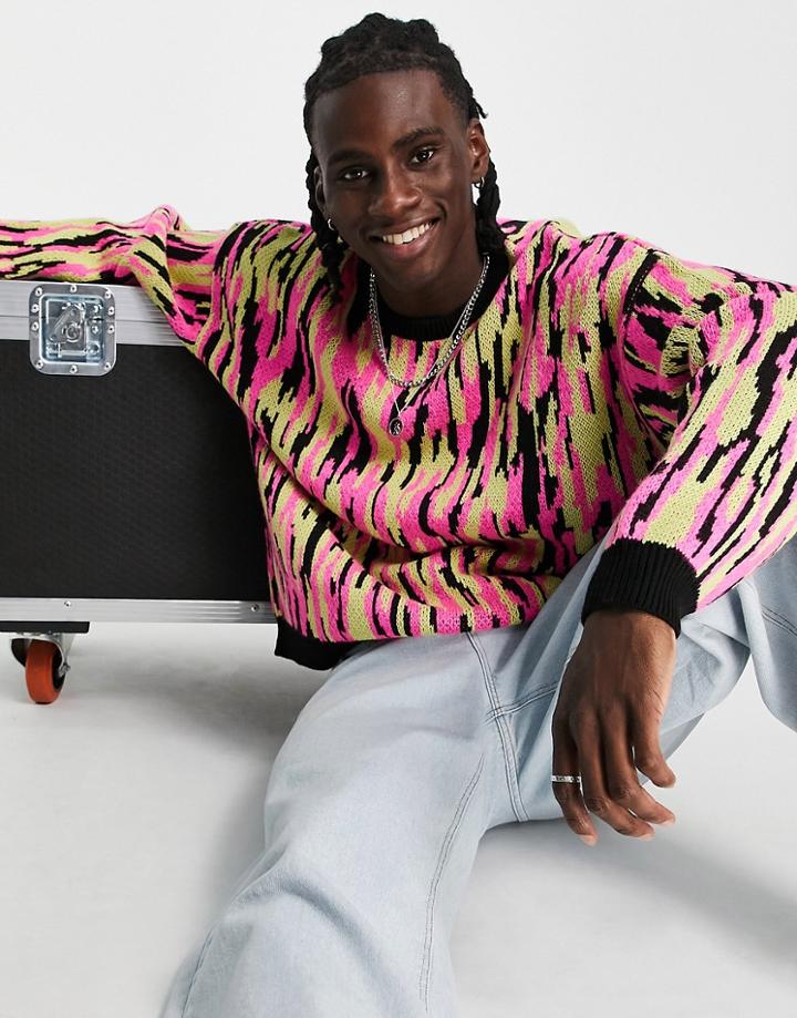 Asos Design Knitted Sweater With Bright Zebra Pattern-multi