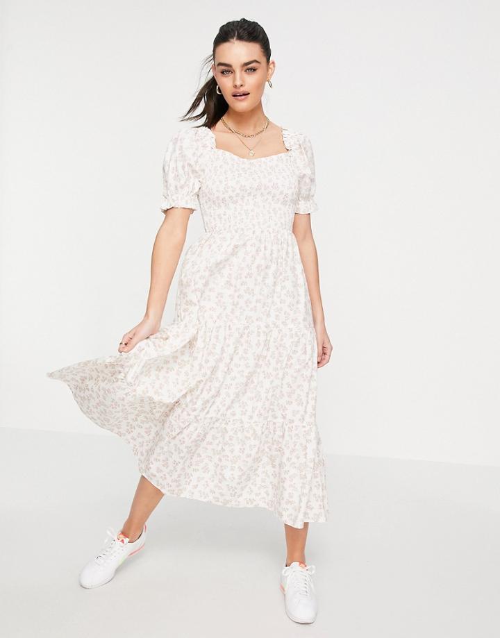 Neon Rose Maxi Dress With Shirring And Tiered Skirt In Vintage Floral-white