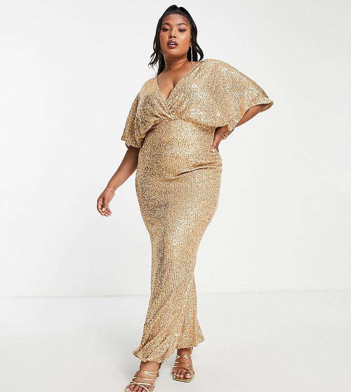 Asos Design Curve Kimono Sleeve Maxi Dress In Sequin Gold-multi