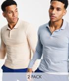 Asos Design 2 Pack Organic Muscle Fit Long Sleeve Jersey Polo-multi