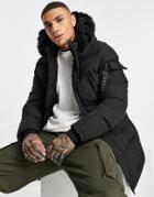Siksilk Puff Padded Parka With Fur Hood In Black