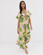 Asos Design Wide Leg Beach Jumpsuit With Cut Out Waist & Ring Detail In Pink Palm Print - Multi
