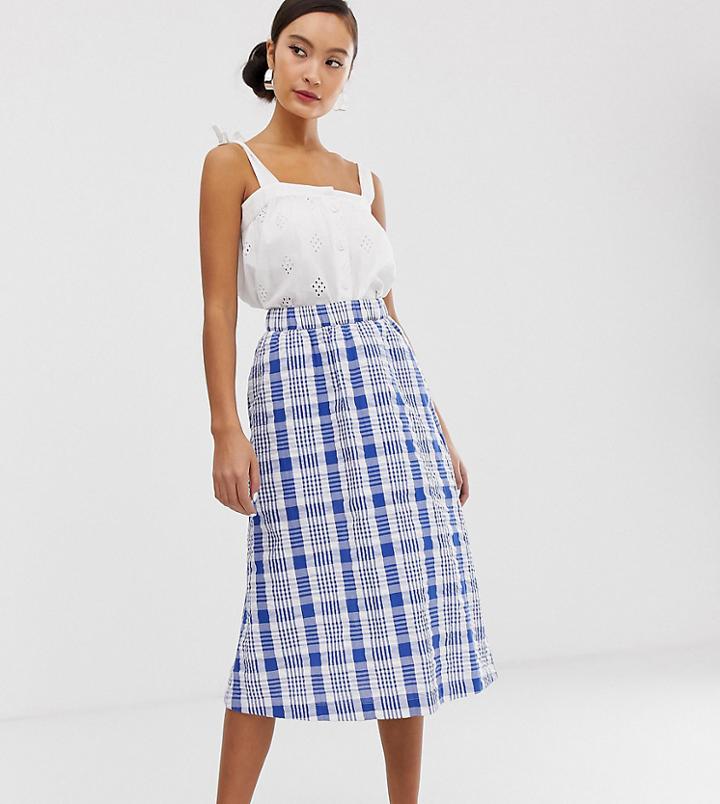 Monki Farm Check Midi Skirt In Blue And White - Multi