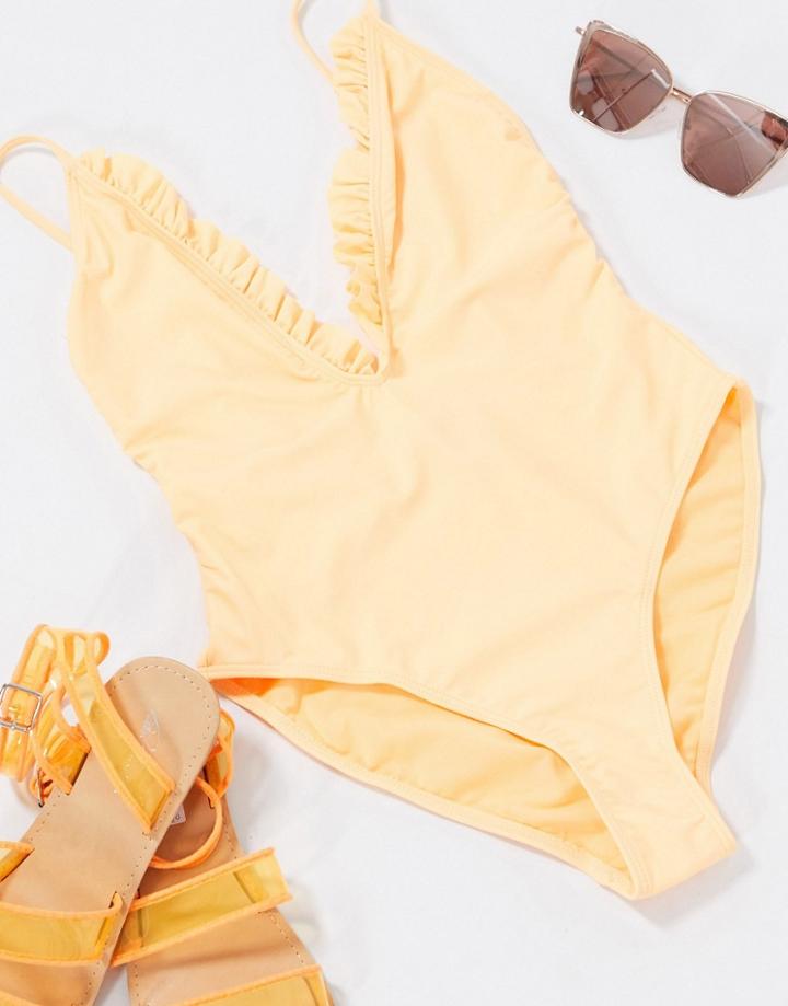 Missguided Frill Detail Swimsuit In Peach-pink