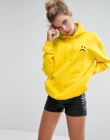 Adolescent Clothing Oversized Hoodie With Sad Face Embroidery - Yellow