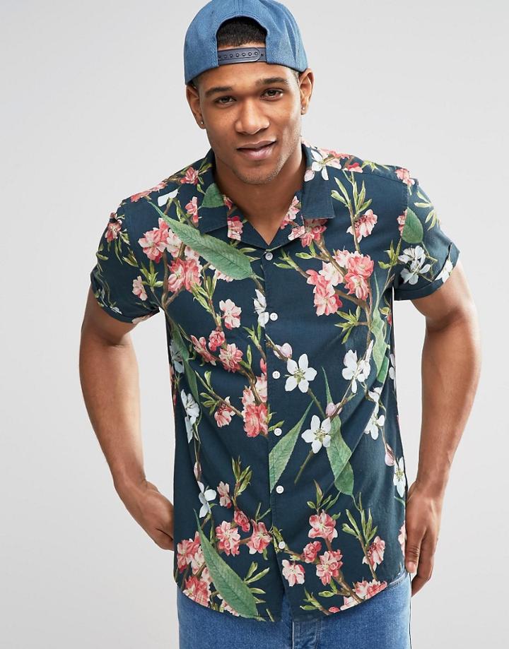 Asos Floral Shirt In Short Sleeve In Regular Fit - Navy