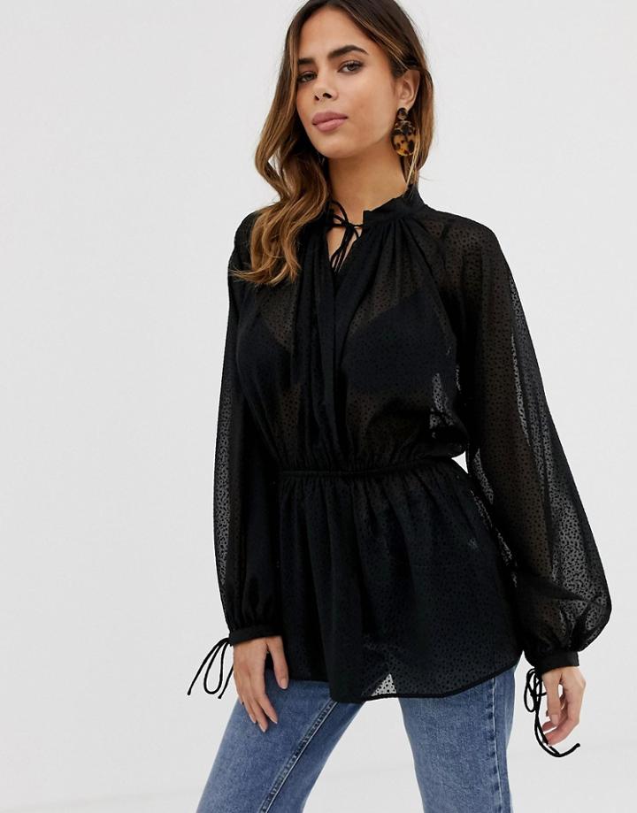 Asos Design Long Sleeve Smock Top In Dobby-black