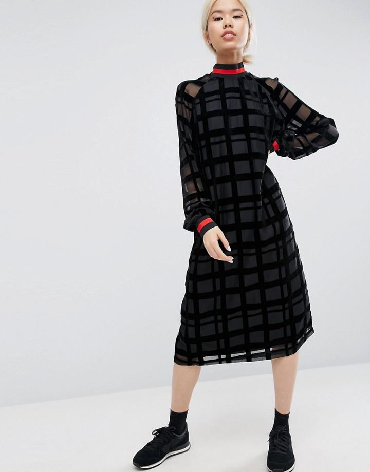 Asos White Burnout Check Organza Midi Dress With Rib Detail - Black