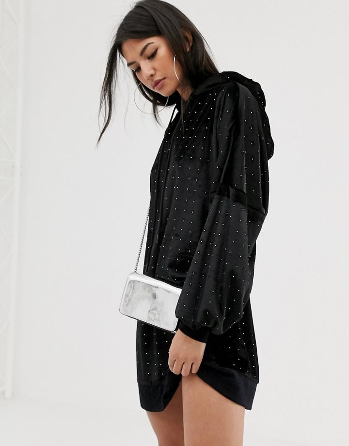 Asos Design Velvet Hoodie Dress With Hotfix Embellishment
