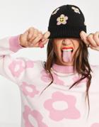 Asos Design Jacquard Knit Turn Up Beanie In Flower Print-multi