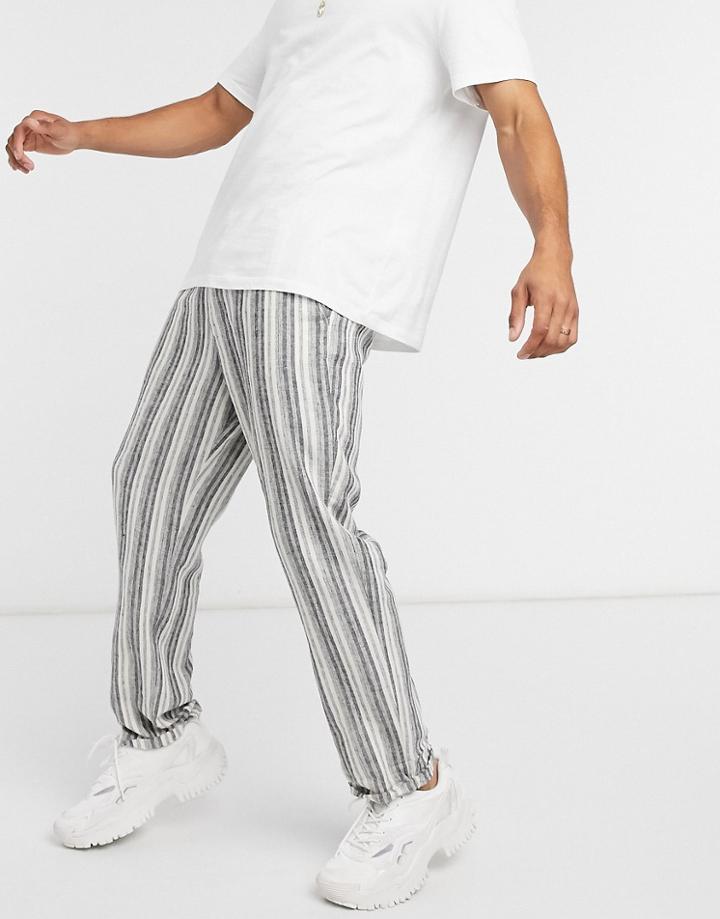 Asos Design Relaxed Pants In Linen Stripe-black