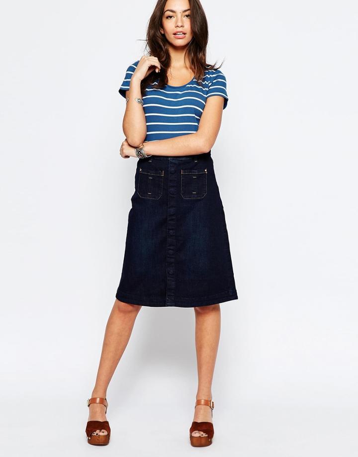 Esprit Button Up Denim Midi Skirt - Blue Rinse
