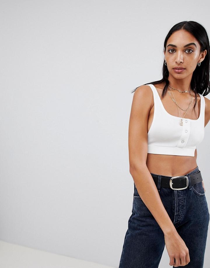 Motel Crop Top In Crinkle Rib With Popper Front - White
