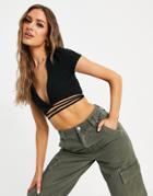 Asos Design Plunge Short Sleeve Tie Wrap Top In Black