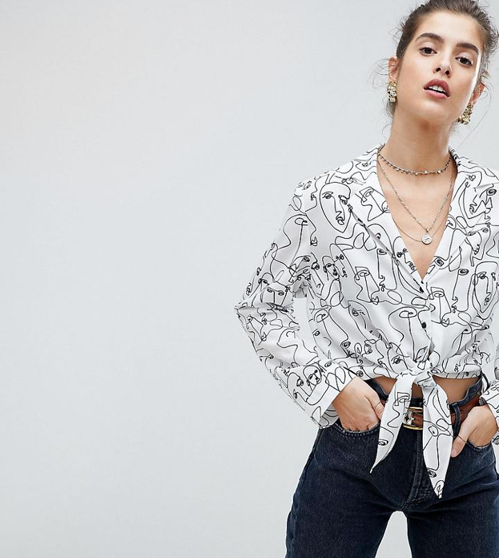 Reclaimed Vintage Inspired Face Print Shirt With Tie Front - White