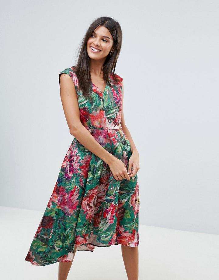 Closet V Neck Metallic Hi Low Printed Skater Dress - Multi