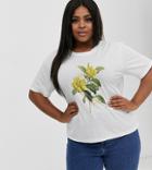 Neon Rose Plus Relaxed T-shirt With Vintage Fleur Print - Cream