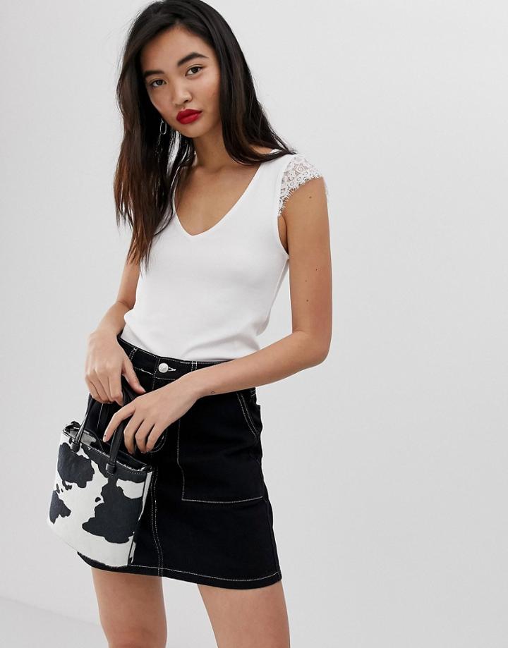 Stradivarius Sleeveless Top With Lace Shoulder Detail In White - White