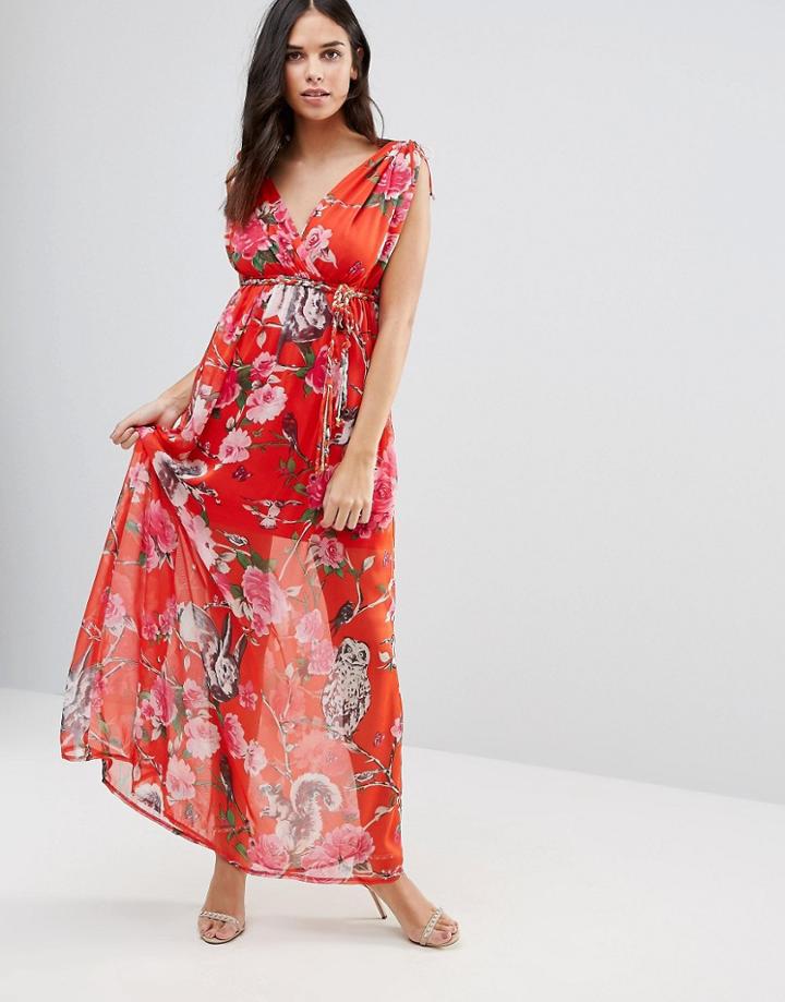 Traffic People Floral V Front & Back Maxi Dress - Red