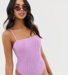 Missguided Crinkle Swimsuit With Square Neck In Lilac - Purple