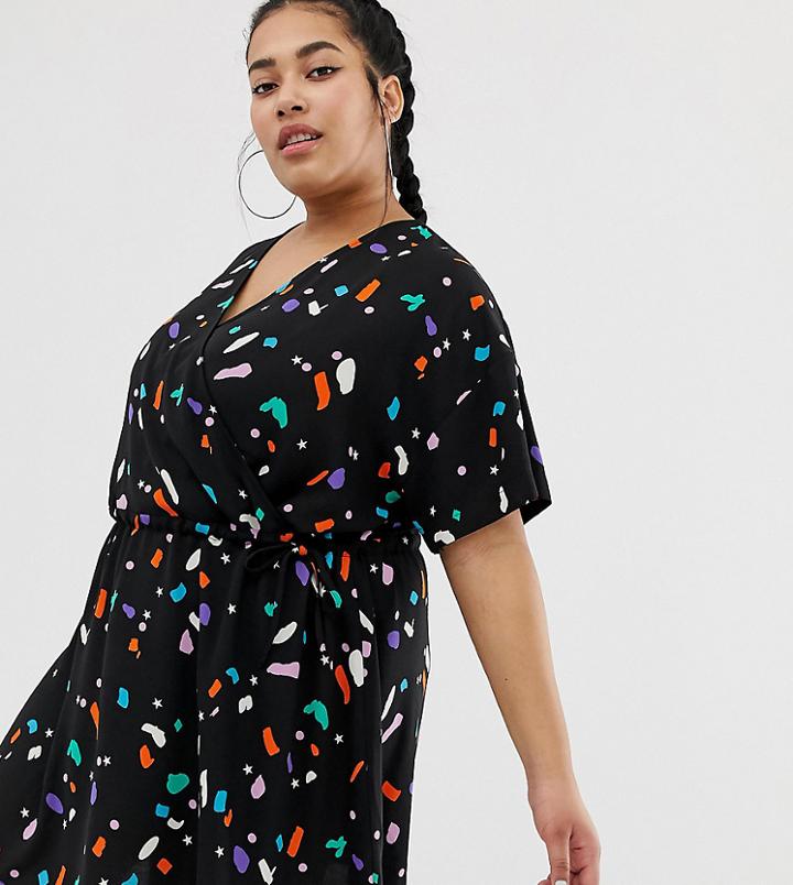 Collusion Plus Rouched Wrap Dress In Print - Black