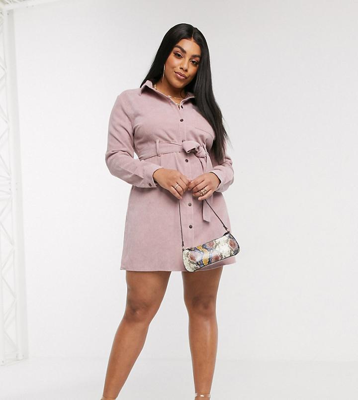 Missguided Plus Cord Belted Shirt Dress In Blush-pink