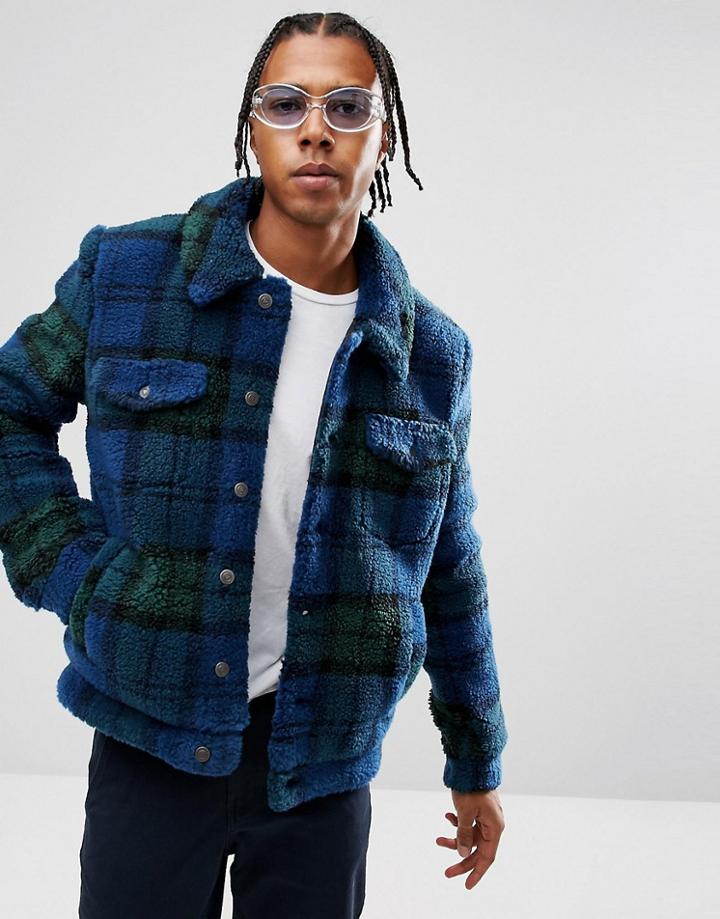 Asos Borg Western Jacket In Blue Check - Blue