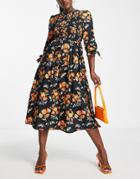 Whistles Midi Dress With Smocking And Tie Sleeve In Black And Orange Floral-multi