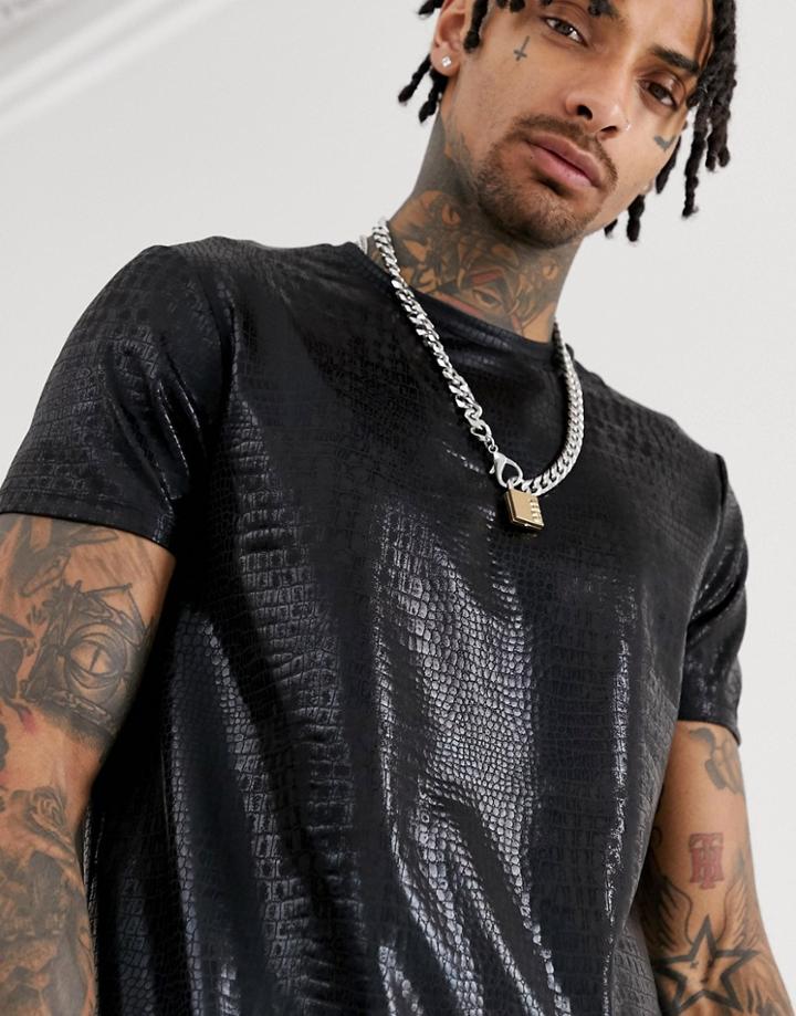 Asos Design Longline T-shirt In Snake Skin In Black