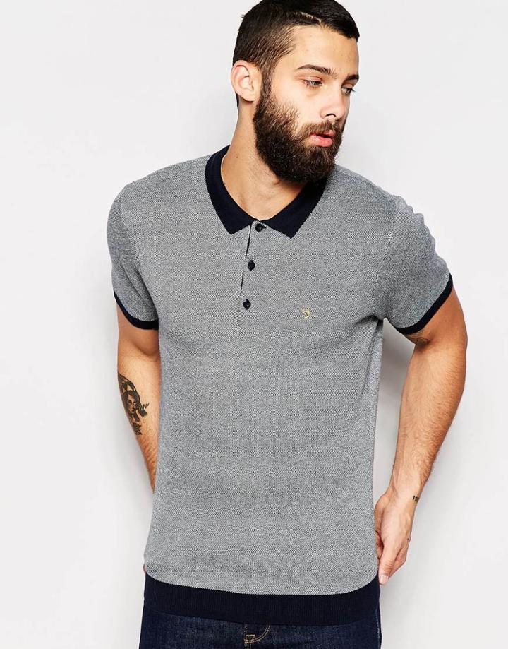 Farah Knitted Polo Shirt With Birdseye Pattern Regular Fit - Navy