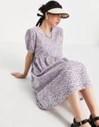 Vero Moda Organic Cotton Midi Smock Dress With Puff Sleeve In Lilac Ditsy Floral-multi