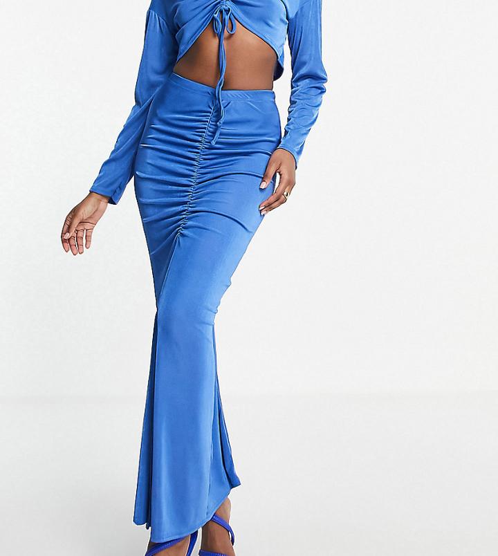 In The Style X Liberty Exclusive Sleeve Ruched Detail Midi Skirt In Navy - Part Of A Set