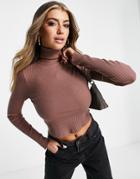 Asos Design Roll Neck Crop Top In Rib In Brown