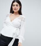 Outrageous Fortune Plus Ruffle Detail Lace Insert Wrap Blouse - Cream