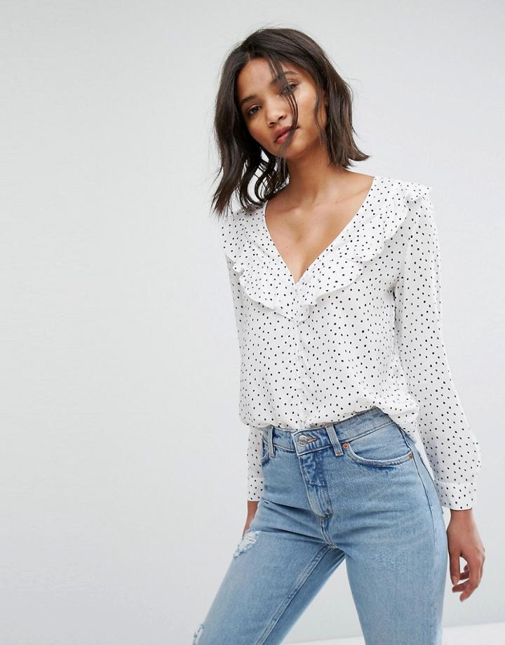 Mango Polka Dot Ruffle Blouse - White