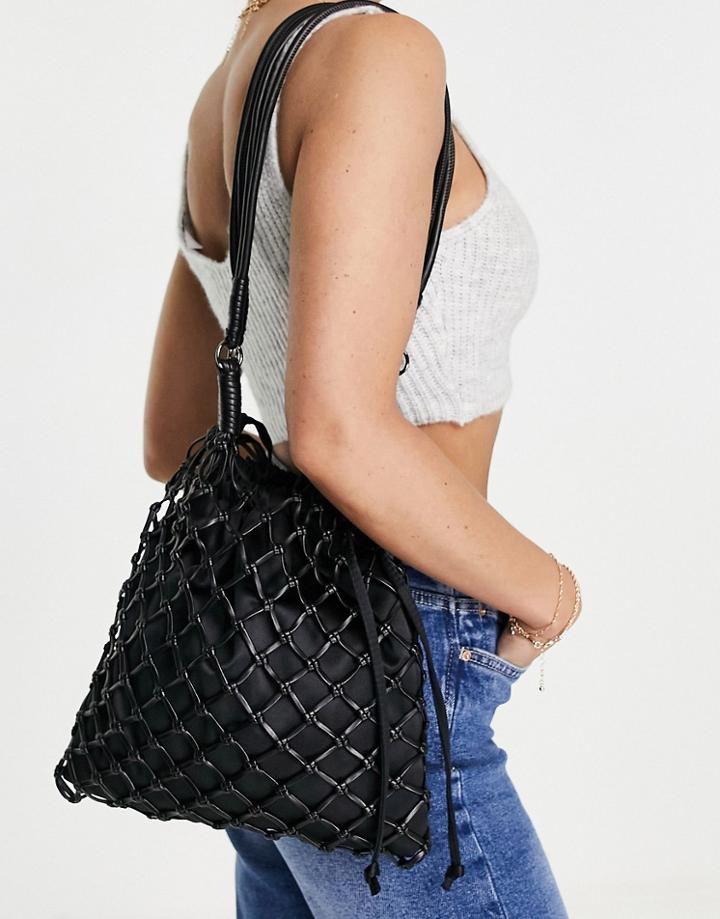 Topshop Satin Large Pu String Shoulder Bag-black