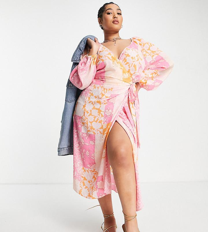 Asos Design Curve Wrap Belted Midi Dress In Pink Patchwork Print-multi