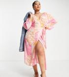 Asos Design Curve Wrap Belted Midi Dress In Pink Patchwork Print-multi