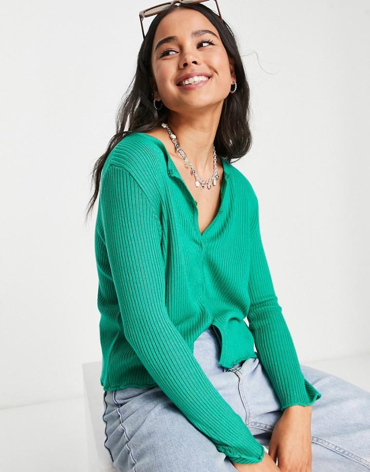 Topshop Knitted Snap Front Cardigan In Bright Green