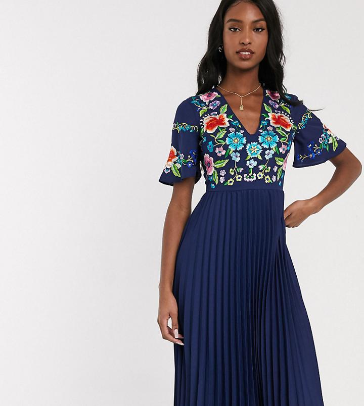 Asos Design Tall Pleated Embroidered Midi Dress In Navy