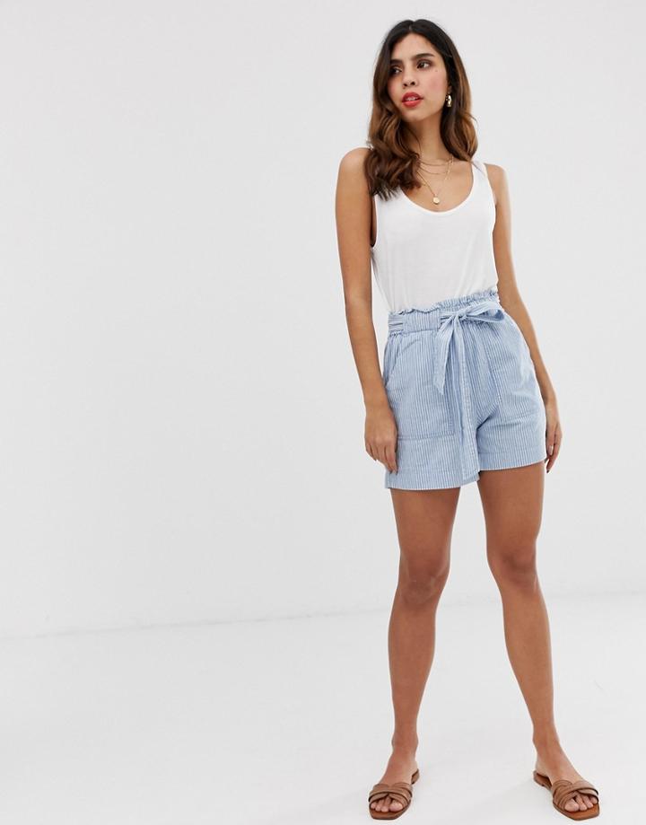 Vero Moda Chambray Stripe Tie Waist Shorts - Blue